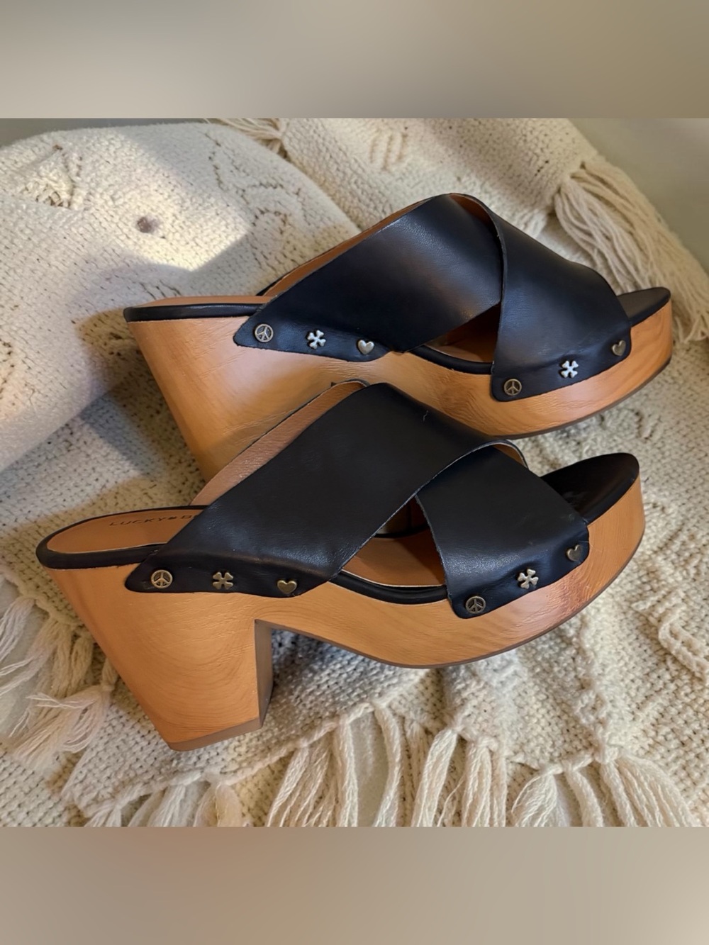 Lucky Brand Boho Leather Wooden Heeled Mule Clogs Size 9